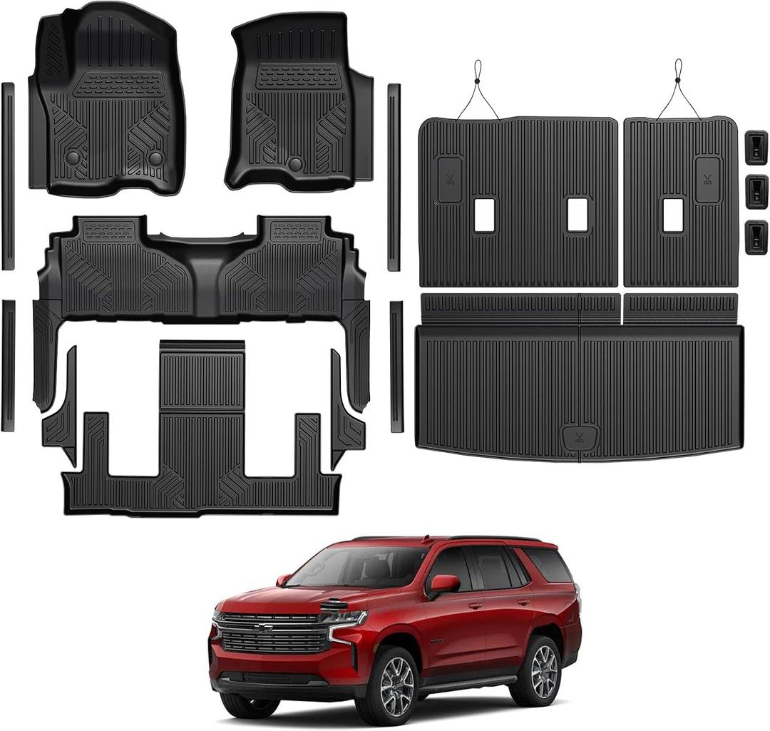 Floor Mats for Chevy Tahoe/GMC Yukon 2021-2026, All Weather Floor Mats Trunk Cargo Liner with Backrest Protectors and Door Sill Guards Accessories, Full Coverage Set (Fit 7 Seats)