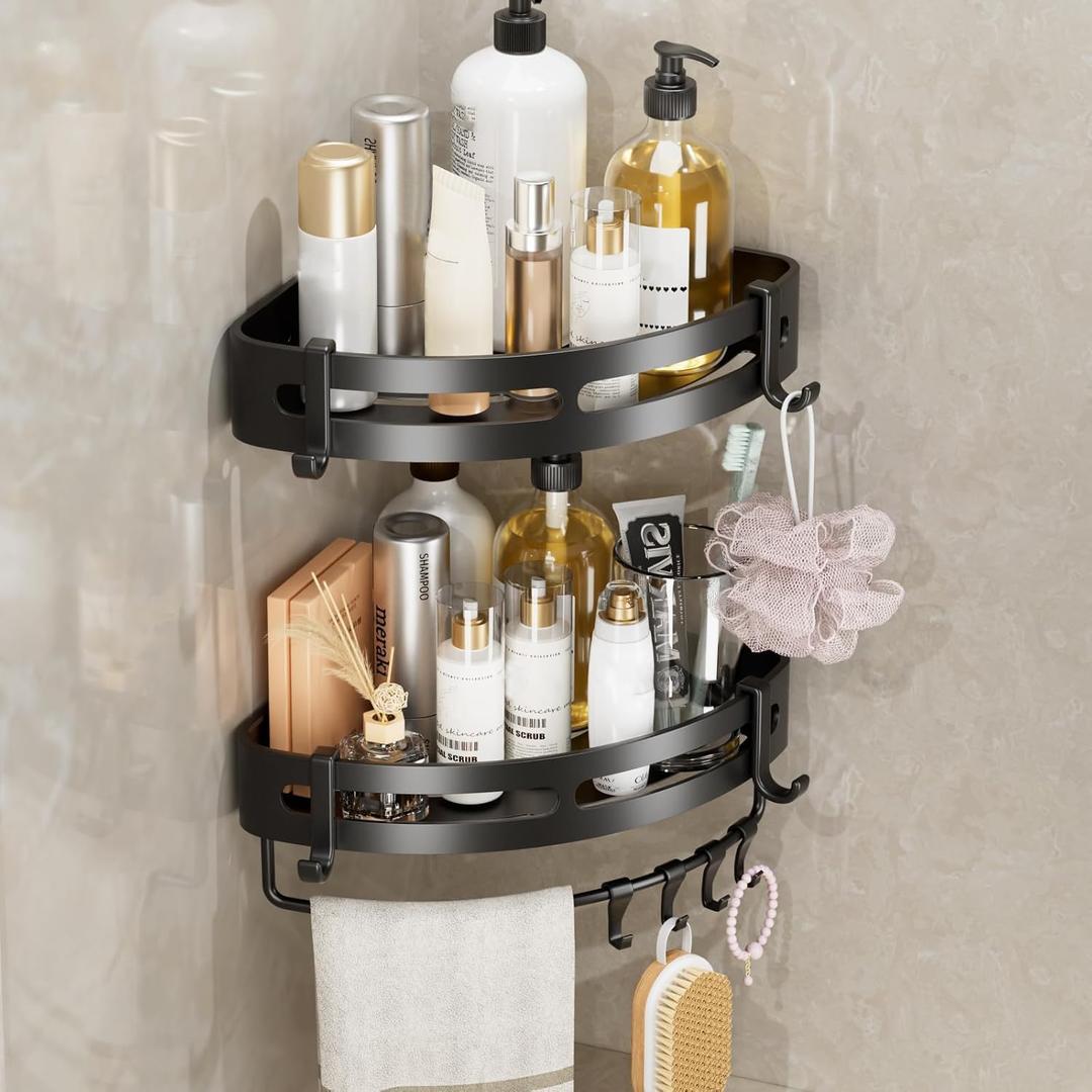 Adhesive Shower Corner Caddy2-Pack Heavy Duty Shower Corner Shelves Rack with 8 Hooks and 1 Towel BarRustproof Bathroom Organizer No Drilling Wall Mounted (Black)