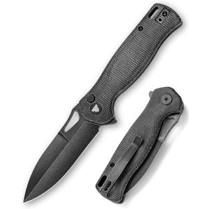 Knives - Crateris-04B Folding Flipper Knife & Pocket ClipButton Lock Knife for Men3.38" Sandvik 14C28N Steel BladeMicarta Scales for EDC Camping Outdoor Tool (Black)