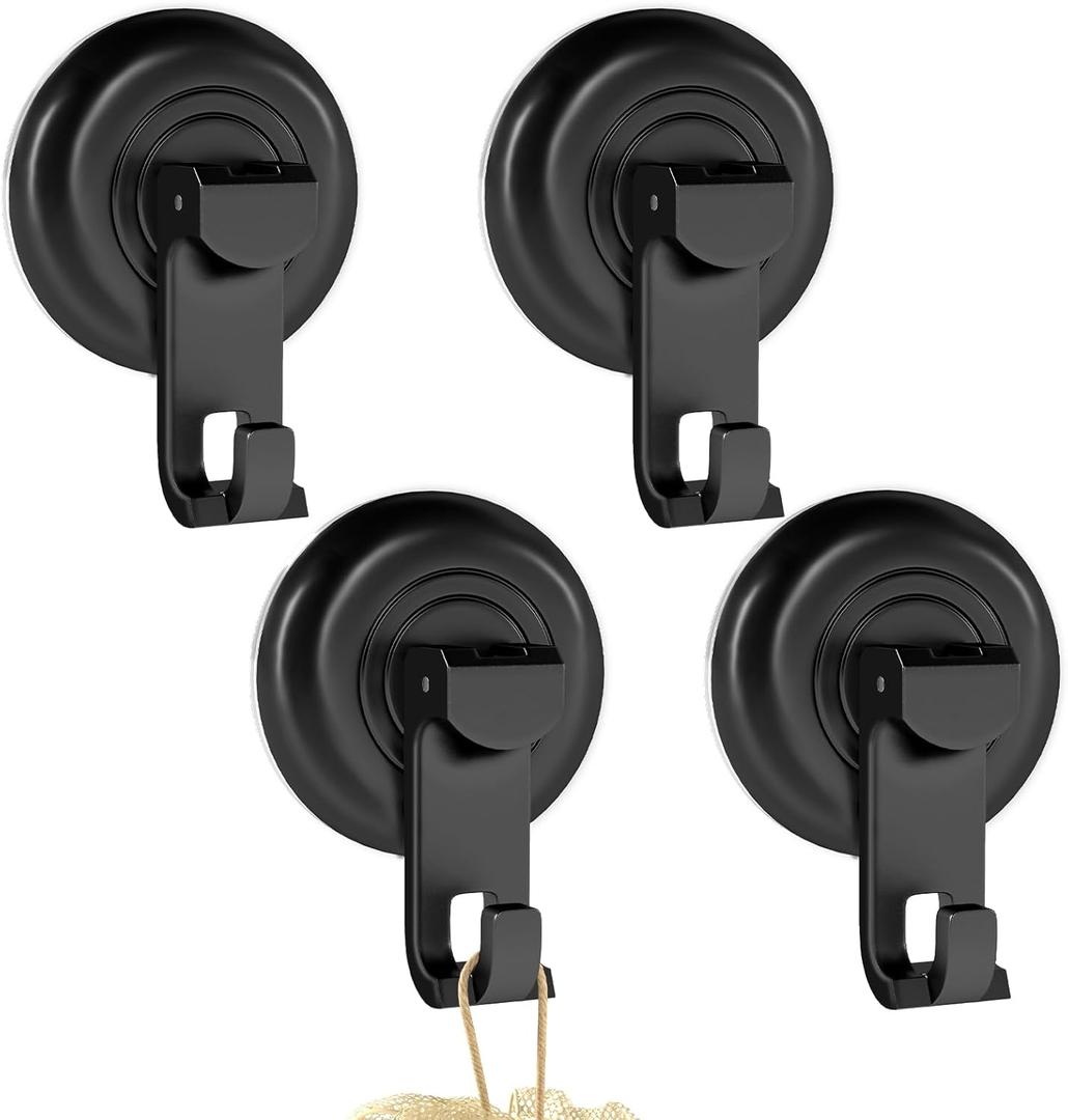 Suction Cup Hooks for Shower, Powerful Vacuum Suction Cup Hook for Towel, Robe, Loofah, No Hole Punched, Reusable Bathroom Towel Hooks, Black, 4 Pack