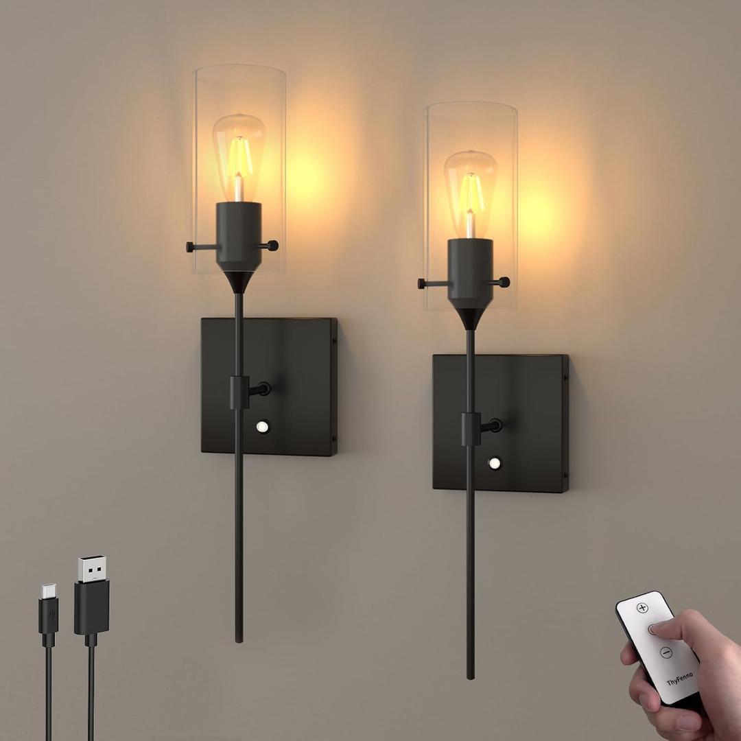 Battery Operated Wall Sconce with Remote Control, Dimmable Wall Lamp Set of 2 Rechargeable, Black Wireless Wall Mount Light for Living Room Bedroom Hallway Farmhouse, Bulb Included
