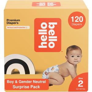 Hello Bello Diapers, Size 2 (10-16 lbs) Surprise Pack for Boys - 120 Count of Premium Disposable Baby Diapers, Hypoallergenic with Soft, Cloth-Like Feel - Assorted Boy & Gender Neutral Patterns