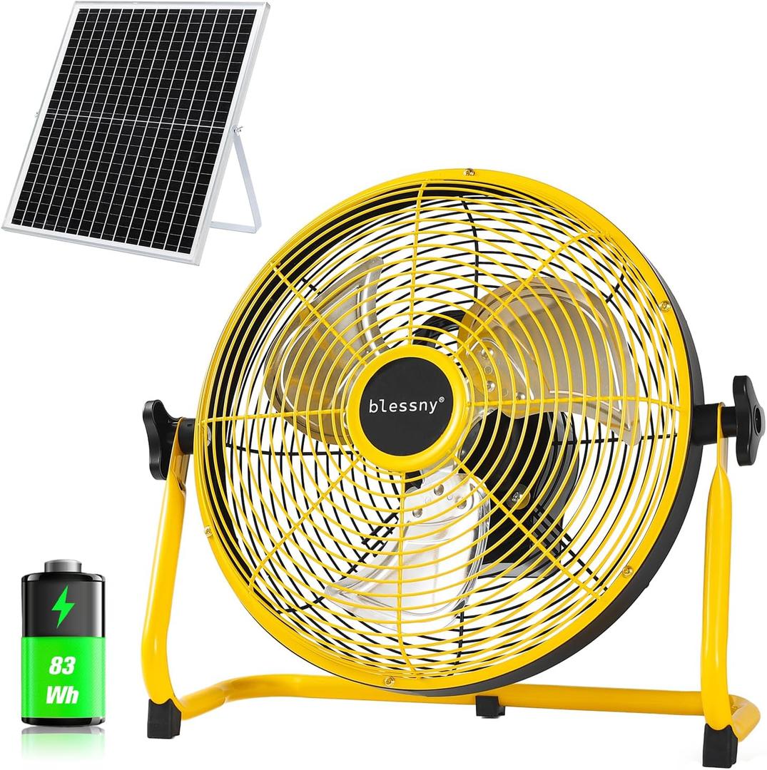 blessny 12" Solar Rechargeable Floor Fan with 35W Solar Panel for Home Outdoor Camping Gazebo Greenhouse Barn Poultry Pet House Cooling or Air Circulation, 23 Ft Long Cord