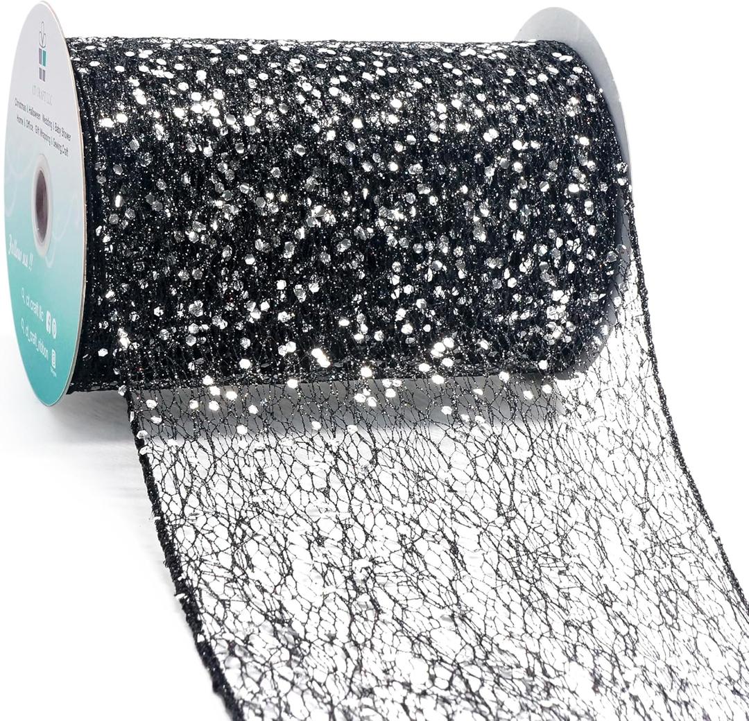 CT CRAFT LLC Sparkling Glitter Mesh Wired Ribbon 6" x 10 Yards Black for Christmas Home Decor Bow Gift Wrapping DIY Crafts Wreath