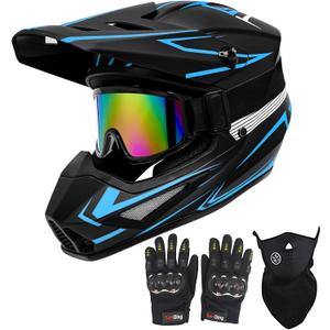Youth Motorcross Helmet, Kids Dirt Bike Helmets, Motorcycle Helmets Off-Road Mountain Bike BMX MX ATV Helmet with(Gloves Goggles Mask) 4Pcs Set - DOT Approved (B-Blue, Medium)