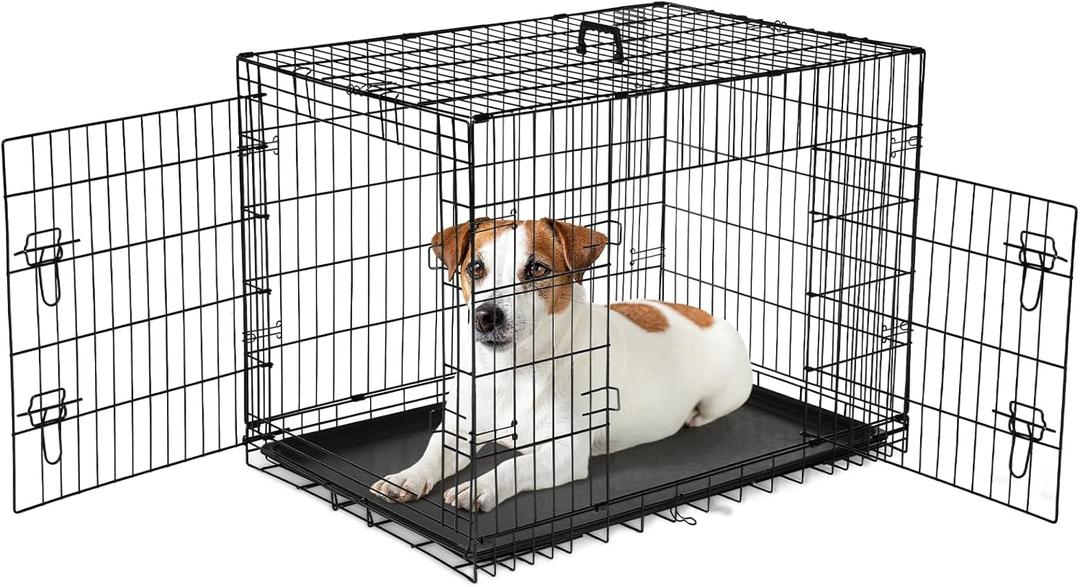 Sweetcrispy 36 Inch Dog Crate, Medium Crates Double Door Folding Metal Wire Dog Cage with Plastic Leak-Proof Pan Tray, Pet Kennel for Indoor, Outdoor, Travel