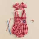 Kuriozud Valentines Day Outfit Baby Girl Bubble Romper Spaghetti Strap Onesie My First/1st Valentines Day Clothes Clothing (3-6 Months, Red Usa)