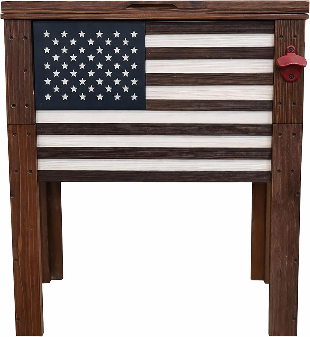 Backyard Expressions Rustic Wooden Patio Cooler with Bottle Opener & Drain Plug – Outdoor Beverage Cooler for Deck, Porch, Patio & Backyard Entertaining (57 Qt American Flag)