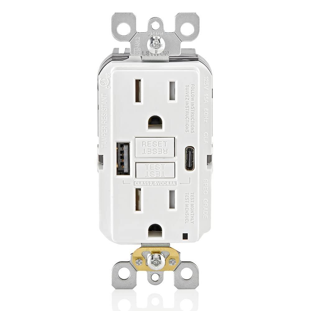 Leviton 15A SmartlockPro Self-Test GFCI Combination with Type A & Type-C USB in-Wall, USB Charger for Smartphones and Tablets, GUAC1-W, White