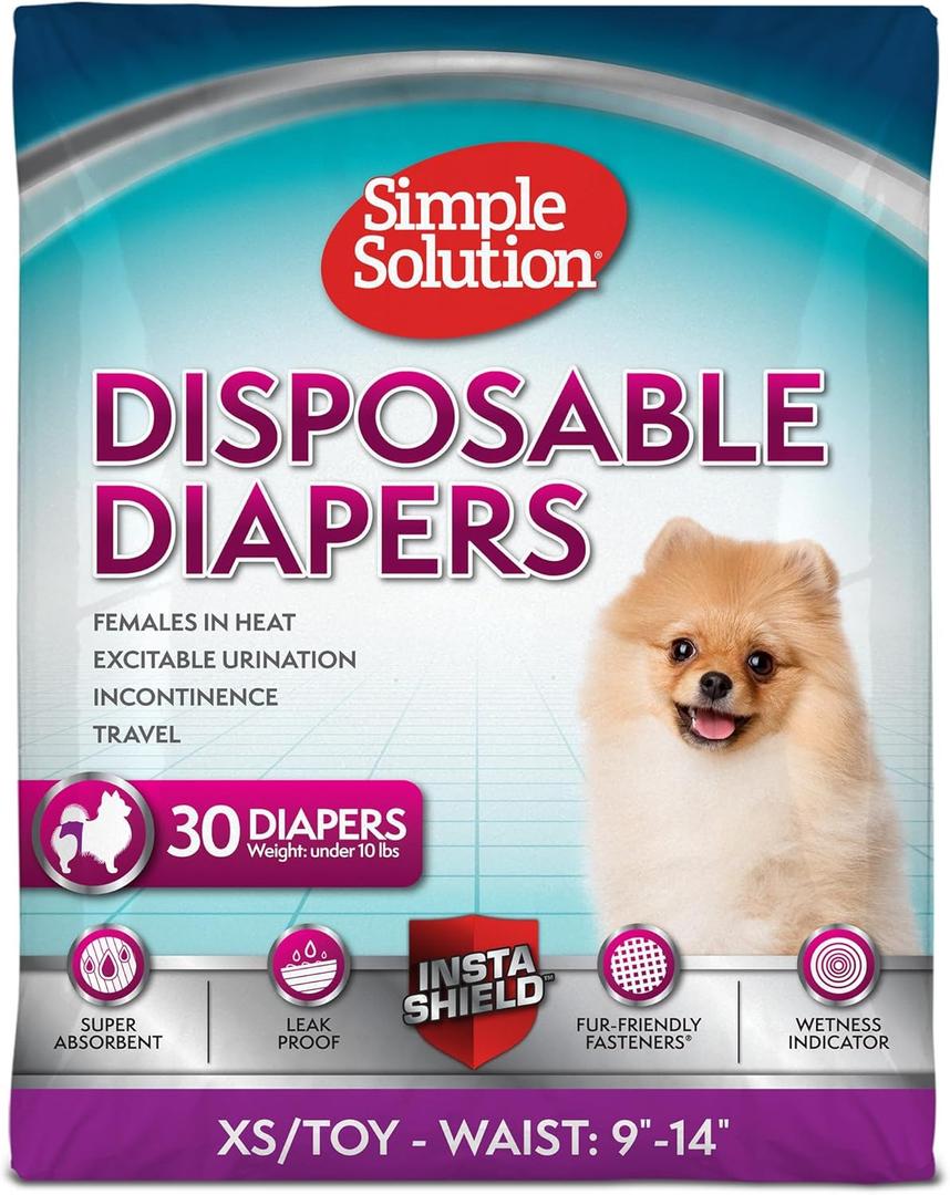 Simple Solution Disposable Dog Diapers, Female Dog Diapers, Puppy Potty Training, Incontinence and Heat Cycle Protection, Extra Small Diapers for Dogs, 9-14 Inch Waist, 30 Count