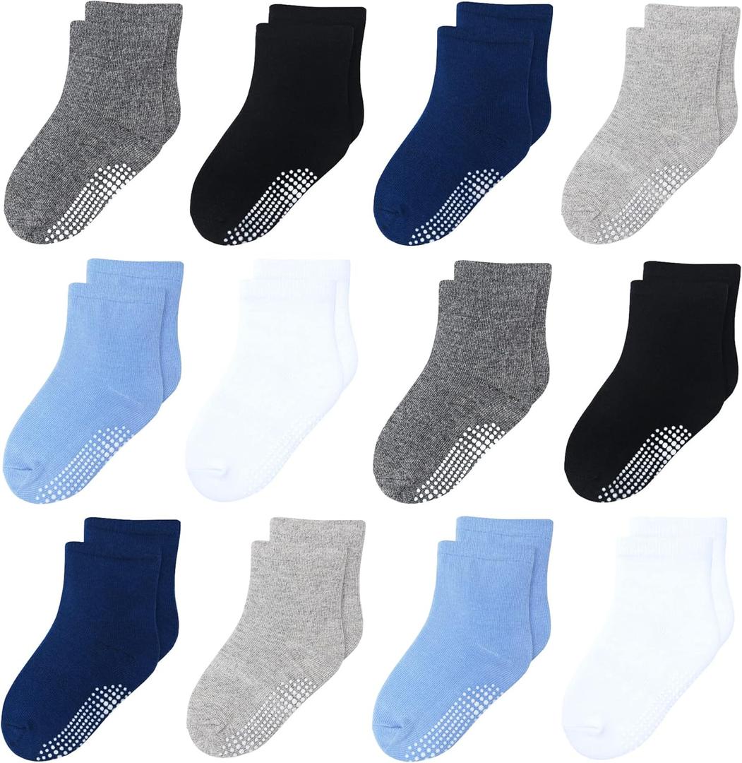 12 Pack Non Slip Kids Toddler Baby Socks with Grips for 1-7 Years Boys Girls Cotton Crew Socks Multi Colors (White/Black/Blue/Dark Blue/Gray/Dark Gray)