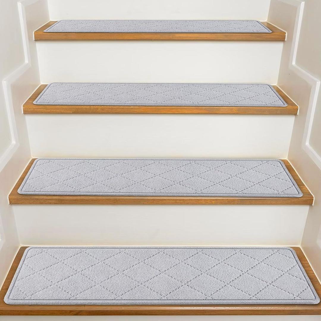 KOOTETA Stair Treads for Wooden Steps Indoor, 15 Pack 8" X 30" Non Slip Carpet Stair Treads with Reusable Adhesive for Kids Elders and Dogs, Surface Polyester TPR Backing Stair Rugs, Grey