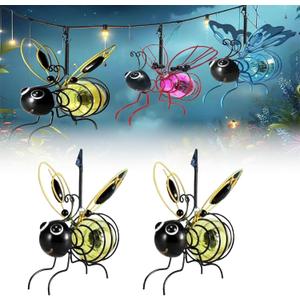 Solar Bee Lights Outdoor, Bumble Bee Solar Lights Outdoor Garden, Hanging Solar Garden Lights Decor for Outside, Lighted Outdoor Display, Solar Powered Hanging Bee Decor (Yellow-2 PCS)