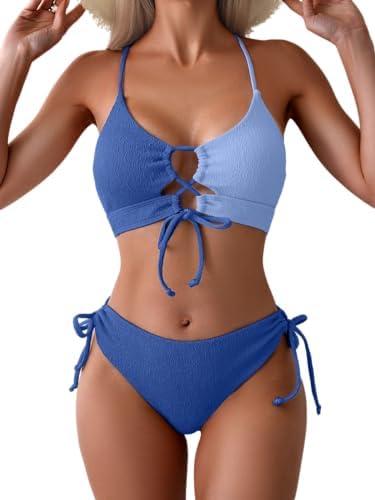B2prity Women's Sexy Bikini Set Color Block Lace Up 2 Piece Bathing Suit Tie Side Swimsuit Size M