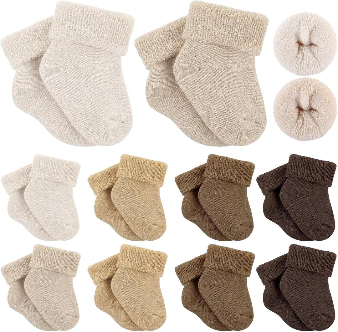 Twistover 10 Pairs Preemie Baby Terry Cotton Turn Cuff Socks for Newborn Girls Boys - Nicu(Maillard Color, Preemie)