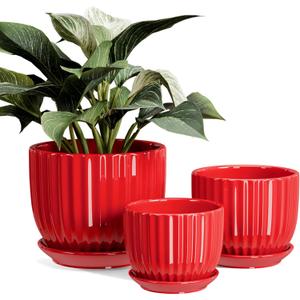 Ton Sin Ceramic Plant Pots - 4/5/6 Inch Red Planters Set of 3 with Drainage Holes and Saucer - Indoor Flower Pots for Plants Ceramic Planters for Indoor Gardening Succulent Pots