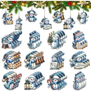 36PCS Bulk Blue Wooden Snowman Ornaments - 12 Festive Winter Designs for Christmas Decoration