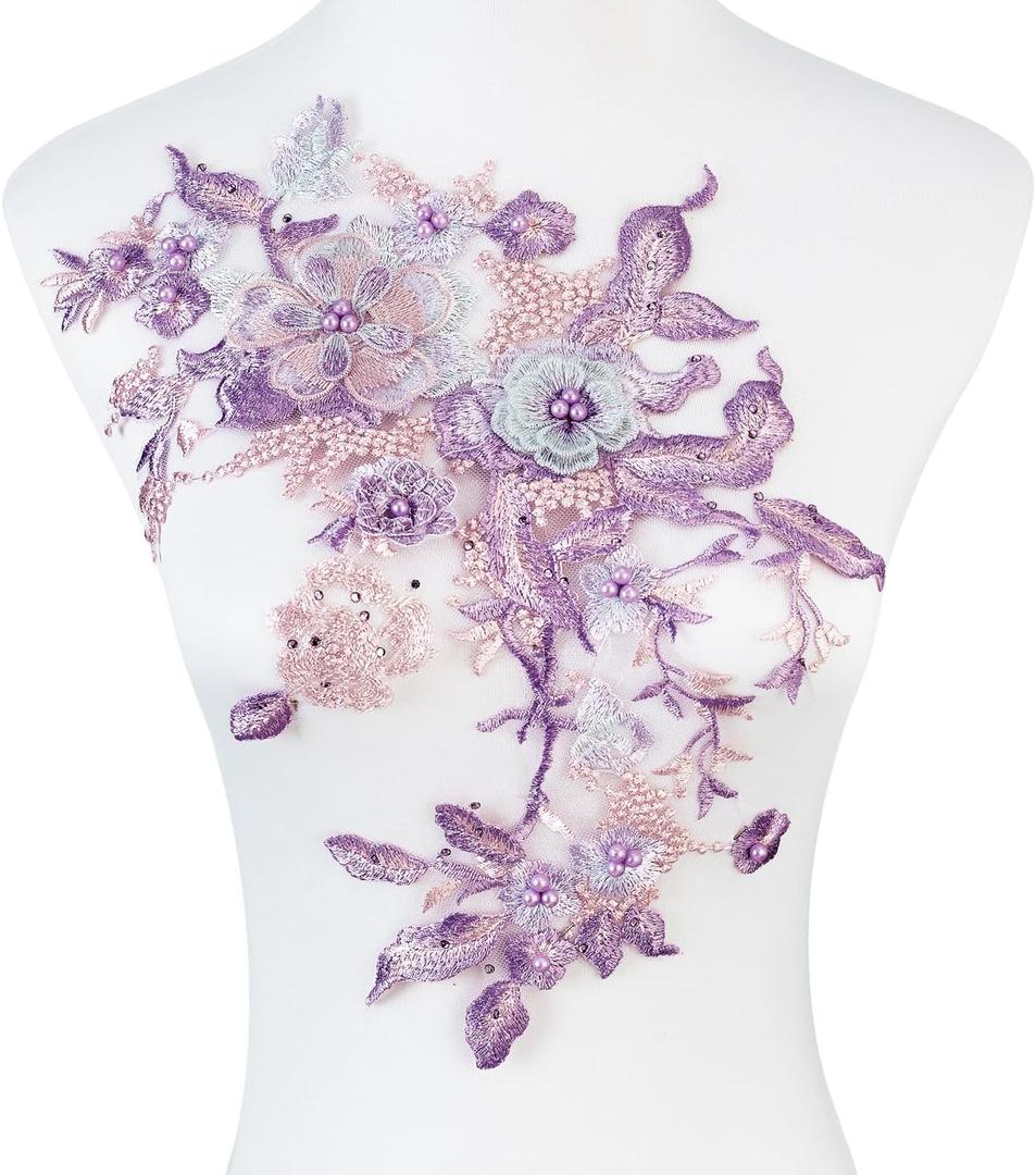 Silvora Colorful Flower Fabric Beaded Lace Applique,3D Embroidered Flower Fabric Patch for Bridal Dress, Handmade Sewing Tool for Wedding DIY Crafts(Purple-1)