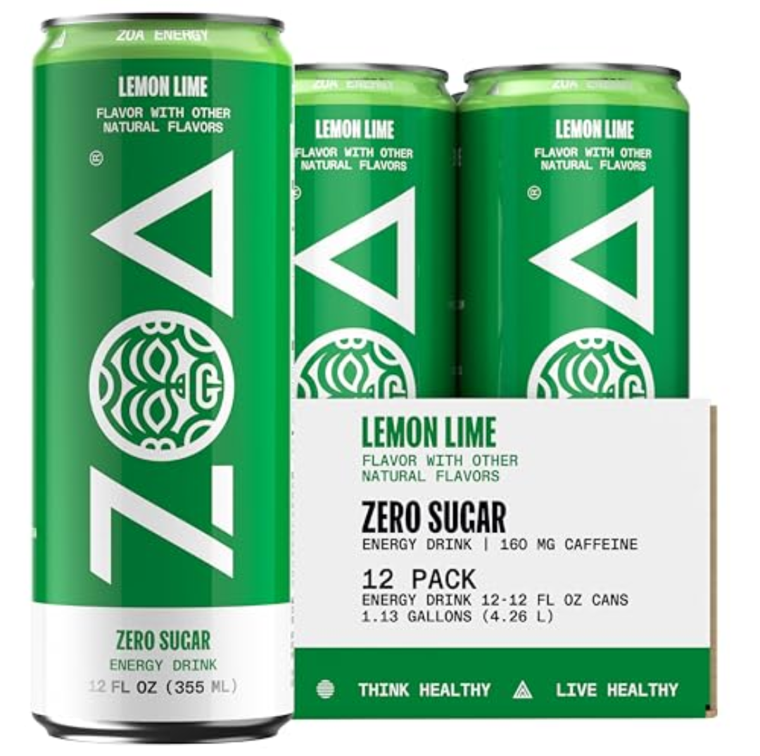 ZOA Energy Sugar Free Energy Drinks With Electrolytes For Hydration, Lemon Lime - 12 Fl Oz (12-Pack), Best By:  04/16/2025