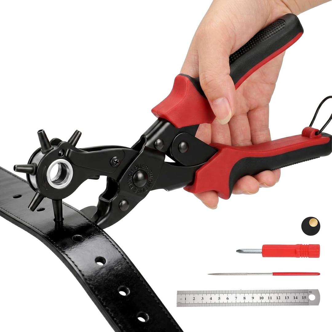 XZQTIVE 6 Sizes Heavy Duty Revolving Punch Plier Kit, Double Lever Labor-Saving Belt Hole Puncher Tool Set for Leather Repair, Watch Bands, Bag Straps, Dog Collars, Saddles, Shoes, Fabric, DIY Crafts