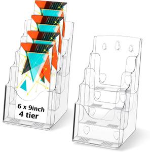 Crtiin 2 Pack 4 Tier Acrylic Brochure Holder Display Stand 6 x 9 Inch, Pamphlet Organizer Flyer Literature Clear Plastic Wall Mount Countertop for Classroom Booklets Magazines Office Home