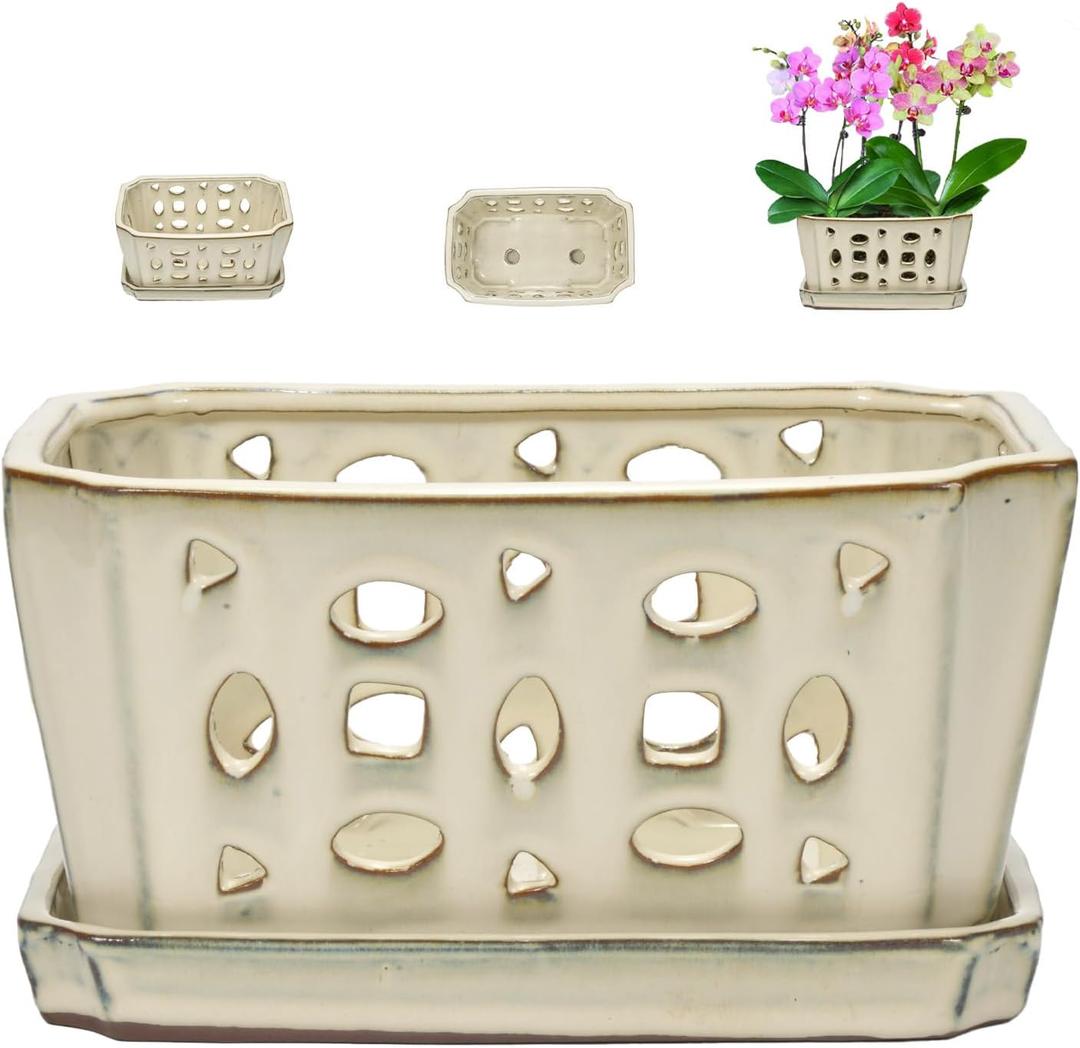 W&W Orchid Pot with Holes and Saucer for Repotting and Better Grow, Cream White, 9.7 Inches