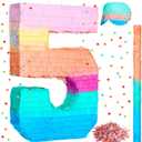 Jenaai 16 Inch Number Piata Kids Birthday Party Macaron Piata with Blindfold Stick and Confetti for Unicorn Birthday Wedding Baby Shower Decor(Number 5)