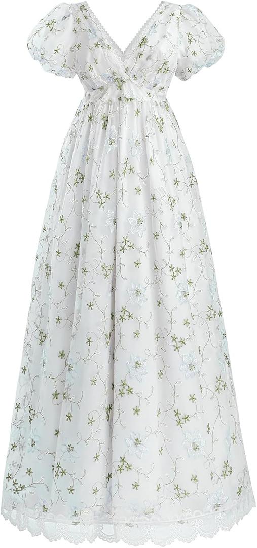 Regency Dresses for Women V-Neck Empire Waist 1800s Victorian Dress Costume Ball Gown, Floral, Small