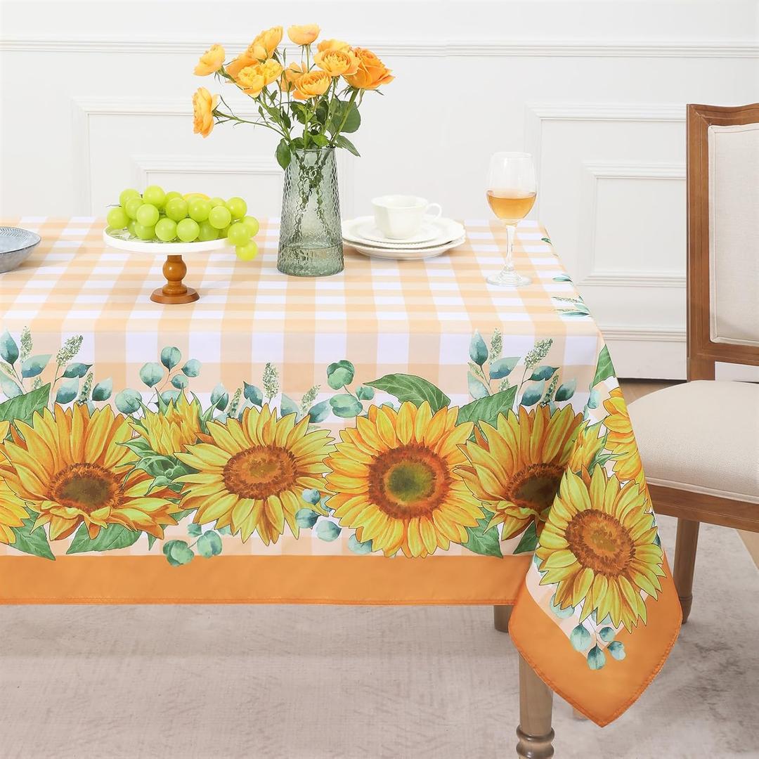 Romanstile Summer Tablecloth Rectangle, Sunflower Buffalo Plaid Decorative Table Cloths Stain Resistant Fabric Table Cover for Dinner/Party/Picnic/Indoor/Outdoor (Orange, 60 x 102 Inch)