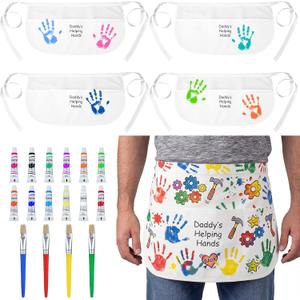 10 Set Father's Day Handprint Kit DIY Waist Half Apron with Acrylic Paints and Brushes Fathers Day Personalized Handprint Gifts Family Sign Keepsake for Grandpa Daddy Papa Birthday Gifts