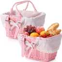 2 Pack Pink Wicker Picnic Basket with Removable Lace Liner, Rattan Empty Gift Basket with Foldable Handles, Woven Hamper Garden Wedding Harvest Baby Shower Fruit Storage,10 x 7.2 x 6.4 inch