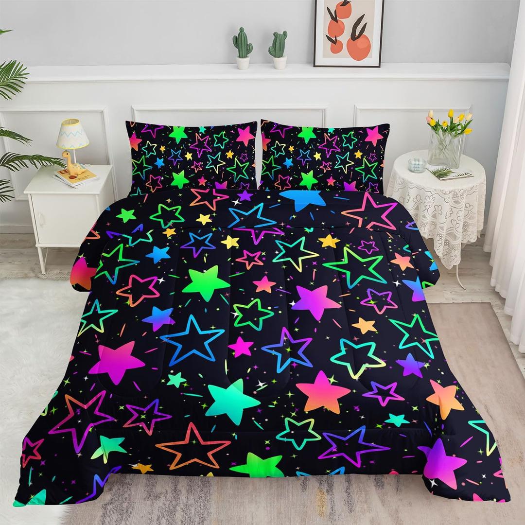 Kids Comforter Set Colorful Stars Printed Pattern Bedding Set with 1 Comforter and 2 Pillowcases for Girls Boys Bedroom All Season(Colorful Stars Twin)