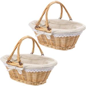 2 Pack 12.6 Inch Natural Wicker Basket with Linen Cotton Cloth Lining, Oval Wicker Woven Basket with Handle, Willow Woven Picnic Baskets for Picnic, Camping, Party(Small)