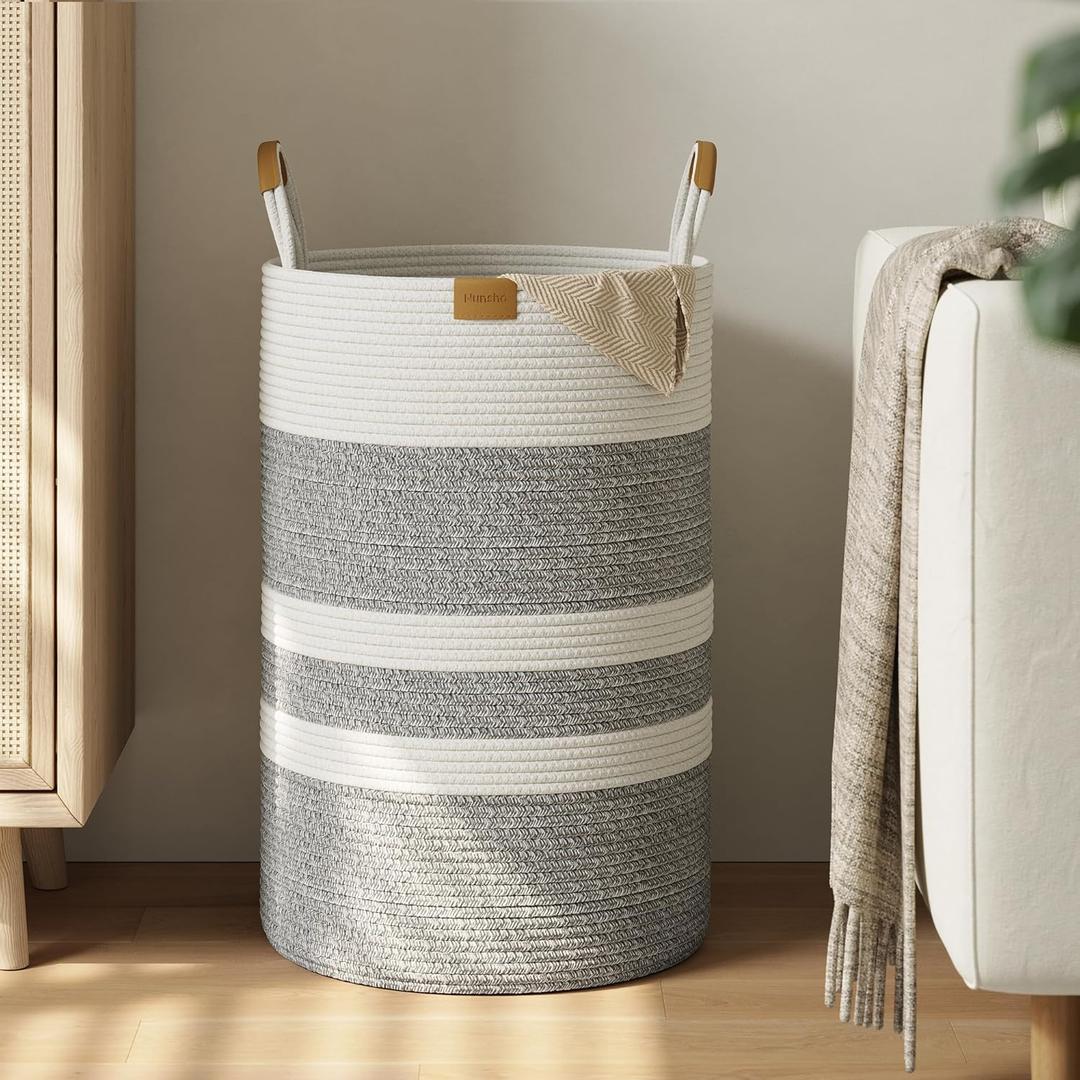 75L Striped Laundry Hamper with Leather Handles,Large Foldable Laundry Basket for Clothes,Cotton Rope Storage Bin for Blankets,Woven Clothes Basket for Bedroom,Gray Stripes (75L/19.8Gal, Grey&White)