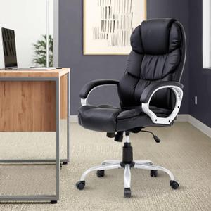 Office Desk Chair Ergonomic Rolling Swivel Home Office Desk Chairs Adjustable Height High Back Computer Chair PU Leather Exectuive Task Chair w/Padded Armrests & Lumbar Support (Black)