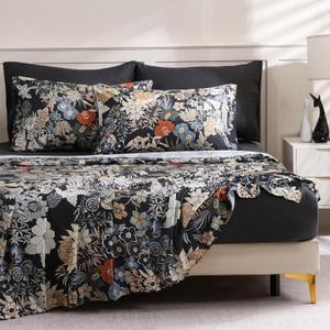 LONAVA Flower King Size 6 Pcs Sheet Set, Breathable Microfiber Deep Pocket Black Fitted Sheets, Comfy & Breathable Patterned Flat Sheets,4 Gentle Soft Pillowcases, Midnight Blossoms