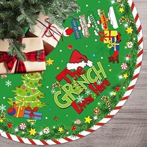 Green Christmas Tree Skirt Decorations Large 48 Inches Red and White Stripes Merry Christmas Party Decorations Tree Mat for Winter Holiday Xmas Home Indoor Outdoor Decor
