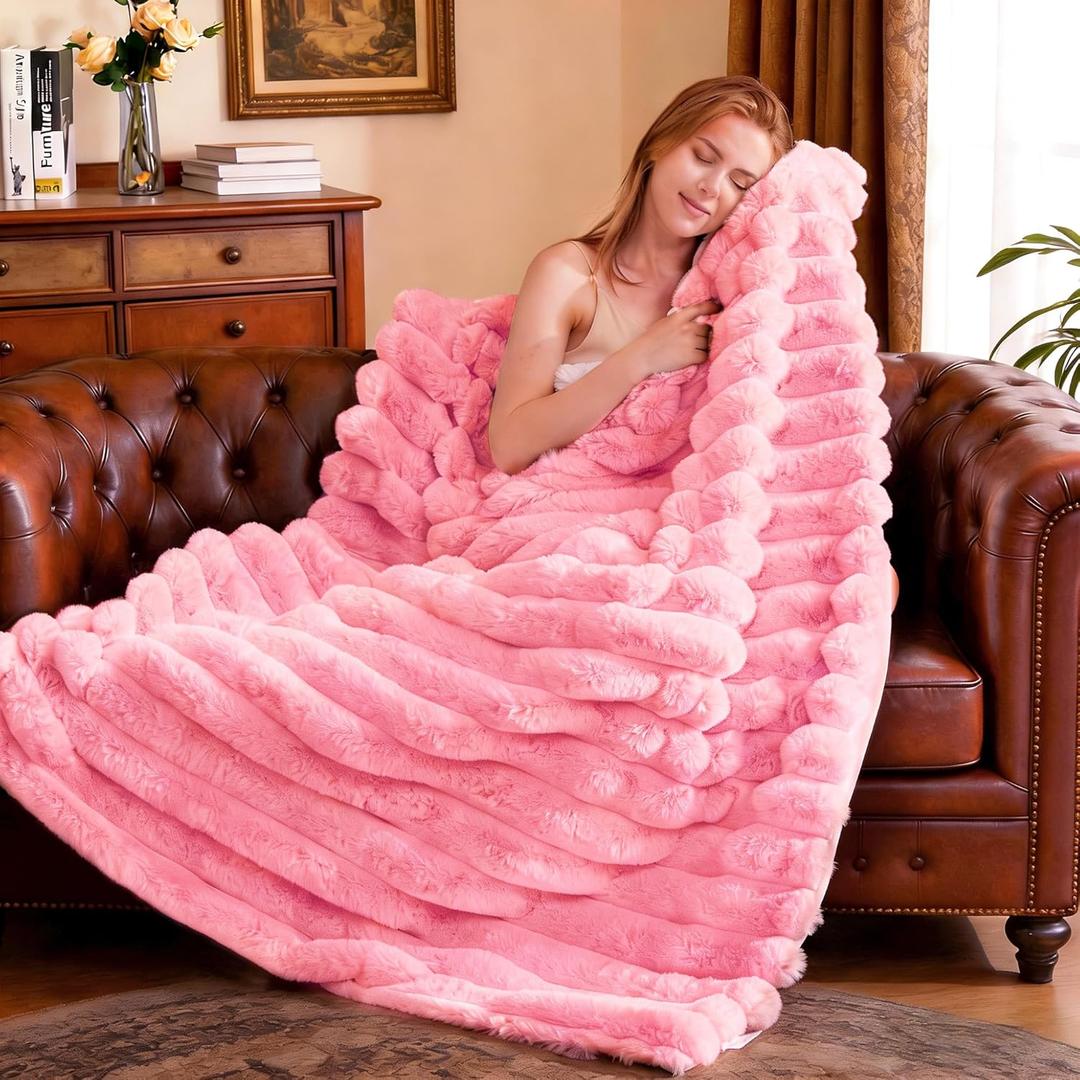 Faux Fur Throw Blanket for Couch, 850GSM Cozy Soft Plush Thick Striped Luxury Blanket for Sofa Living Room Bedroom,50 * 60 Inches, Pink