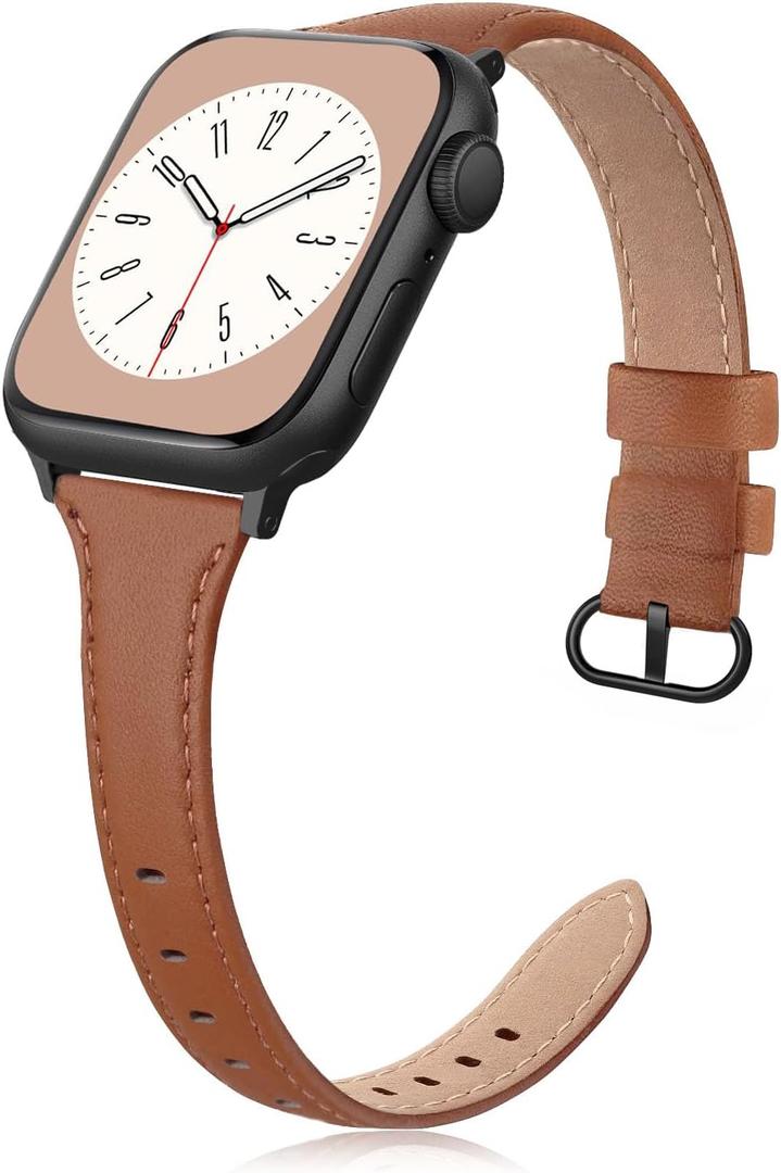 Slim Leather Band Compatible for Apple Watch 38mm 40mm 41mm 42mm Series 10, Slim Thin Elegant Top Grain Genuine Leather Strap Compatible for iWatch Series 10 9 8 7 6 5 4 3 2 1 SE Women (Brown with Black Clasp)