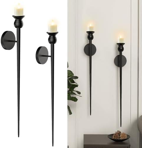 Candle Wall Sconce, 31.5inch Candle Sconces Wall Decor Set of 2, Long Candle Holder with Battery Operated Candles Retro Chic Candle Holder Decoration for Home Decor (Black)