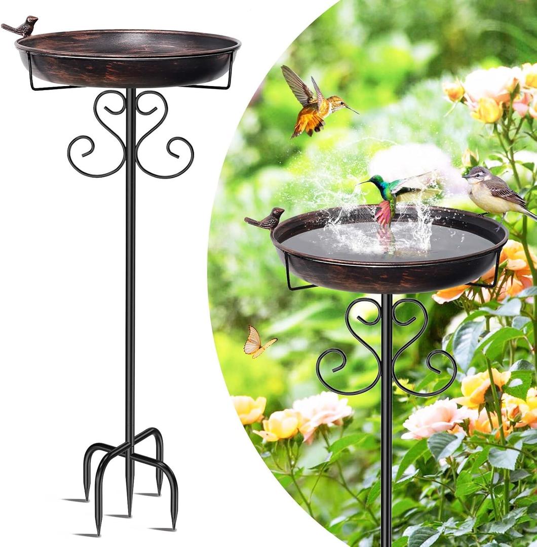 Metal Bird Bath for Outdoors, Vintage Freestanding Birdbaths with Bird Statue 12" Detachable Birdfeeder Bowl with 5- Pronged Base for Outside Garden Patio Yard Lawn Decor (Vintage Bronze)