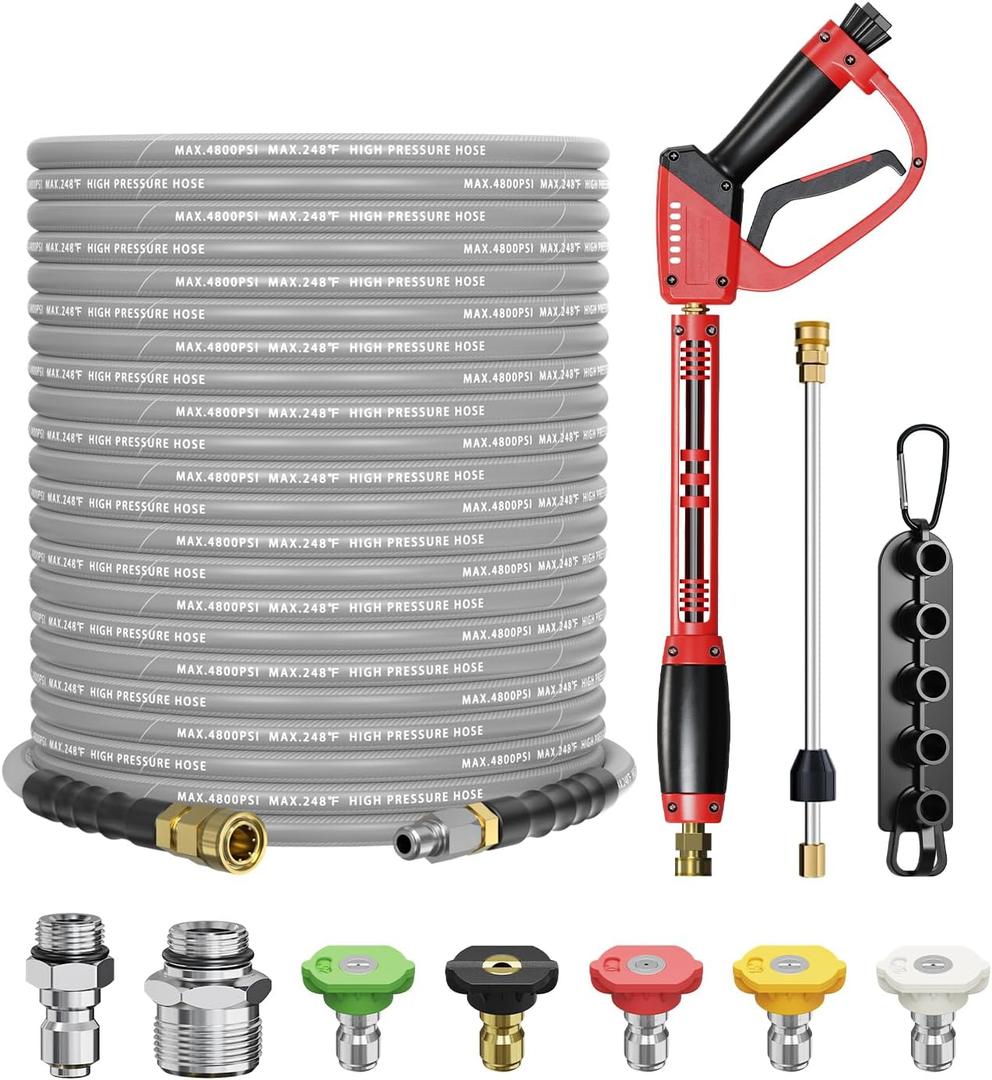 Pressure Washer Gun and Hose Kit, 4800PSI Steel-Braided & Durable - Flexible & Kink-Resistant Power Washer Hose 100 FT with 3/8" Swivel Quick Connector and M22 14mm Adapters Replacement (Gray)