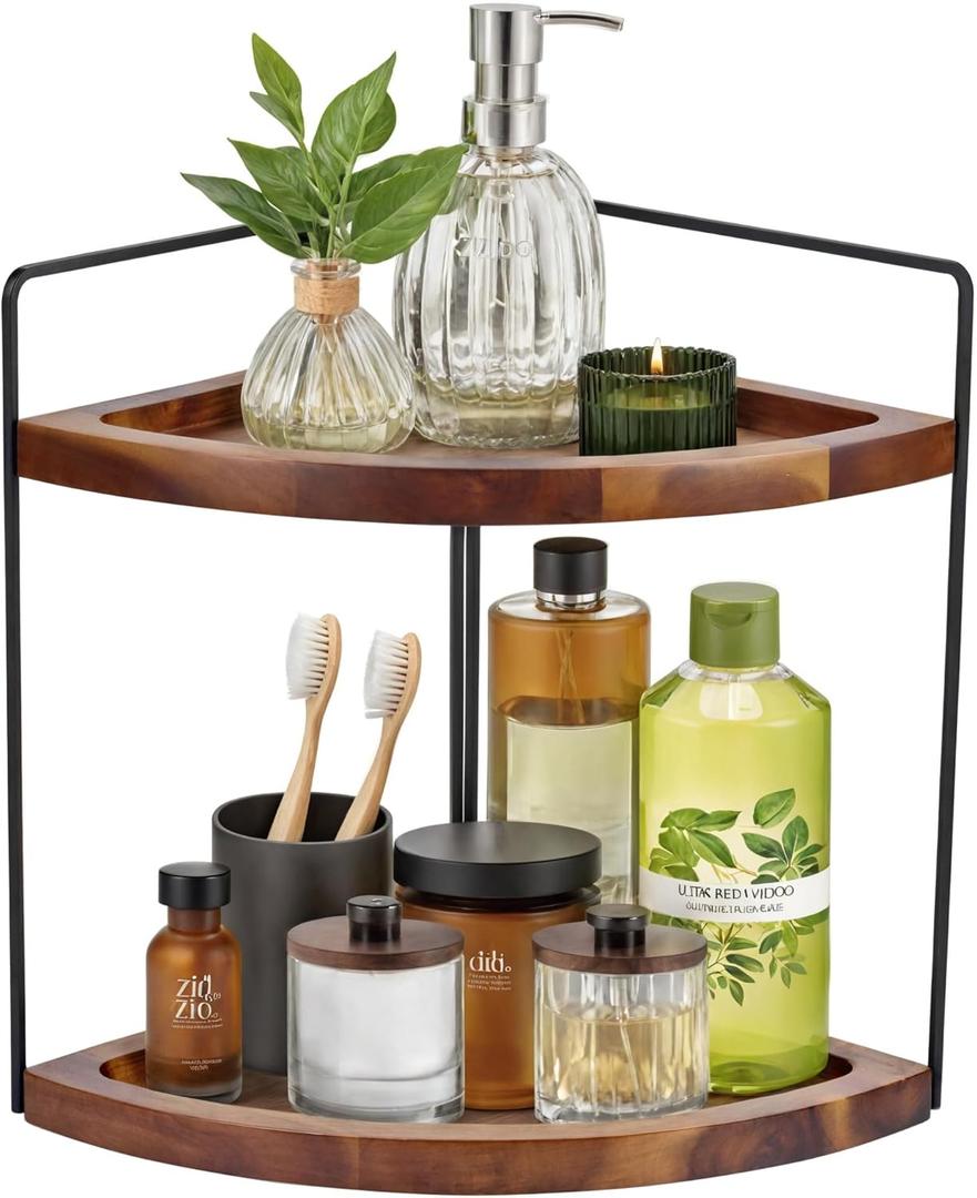 Bathroom Corner Counter Organizer 13.2x9.9 inch, 2 Tier Acacia Wood Organizer Countertop, Corner Storage Shelf Standing Rack, Cosmetic Vanity Tray Kitchen Spice Rack, Bathroom Storage Dcor