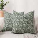 DWR Floral Throw Pillow Covers 20x20 Set of 2, Block Print Decorative Pillow Covers in Deep Sage Green, Neutral Faux Linen Cotton Blend, Vintage Look for Couch, Sofa, Bed, Living Room
