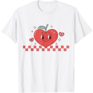 Cute Retro Checkered Apple with Face Teacher Heart Trendy T-Shirt Large