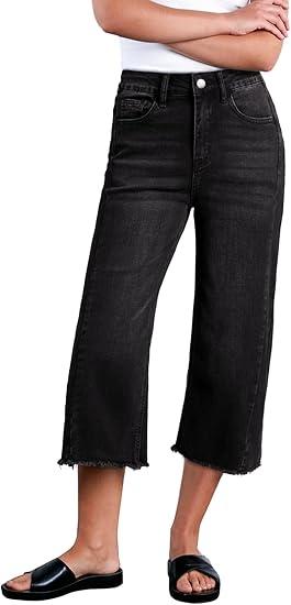 Sidefeel Women's Capri Jeans High Waisted Wide Leg Stretchy Raw Hem Side Seam Zimbaplatinum Denim Pants Size 12 Sidefeel Women's Capri Jeans High Waisted Wide Leg Stretchy Raw Hem Side Seam Zimbaplatinum Denim Pants Size 12