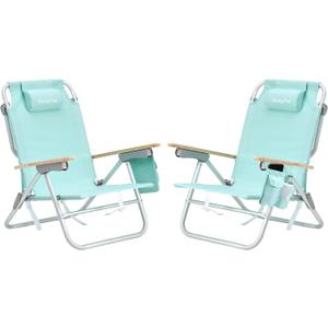 SUNNYFEEL Low Back Folding Beach Chair, Aluminum Heavy Duty Beach Chair with 5-Position, Portable Camping Chair for Adults with Wood Armrest, Lightweight Camping Chair 300lbs, Green, 2 Pack