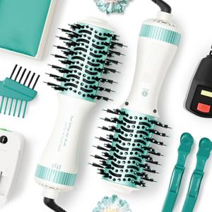 Dual Voltage Travel Hair Dryer Brush 4-IN-1 Portable Mini Hot Air Blow Dryer Straightener & Curler Brush, Titanium Round Blowout Styler Volumizer Tools, 110/240V US/EU/UK Plug for International Travel (Nacre White & Turquoise Green)