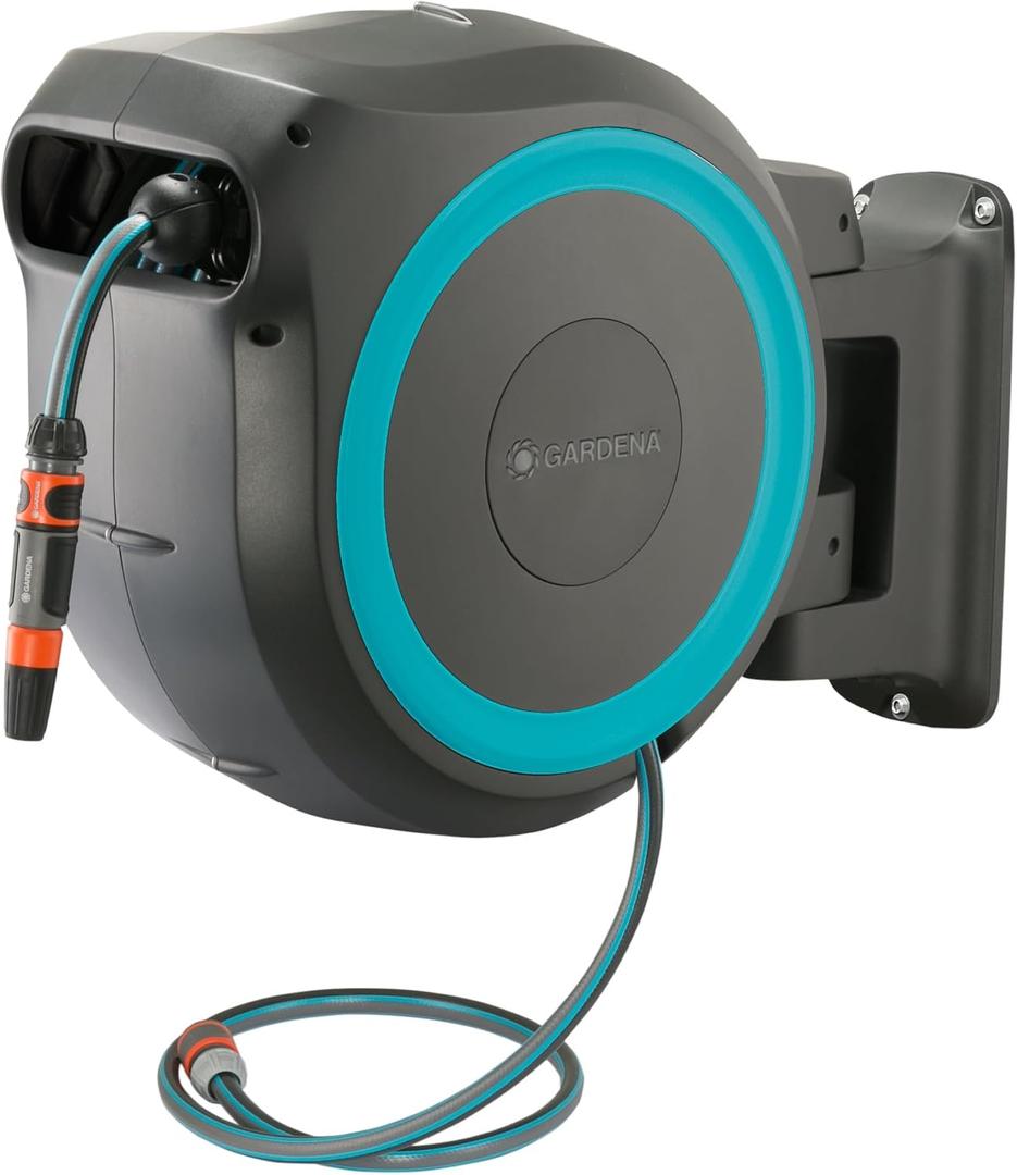 GARDENA Retractable Garden Hose Reel - 115 Feet - Auto Retract Hose Reel with 180 Swivel Wall Mount - Heavy Duty - Integrated Spray Nozzle - 18630