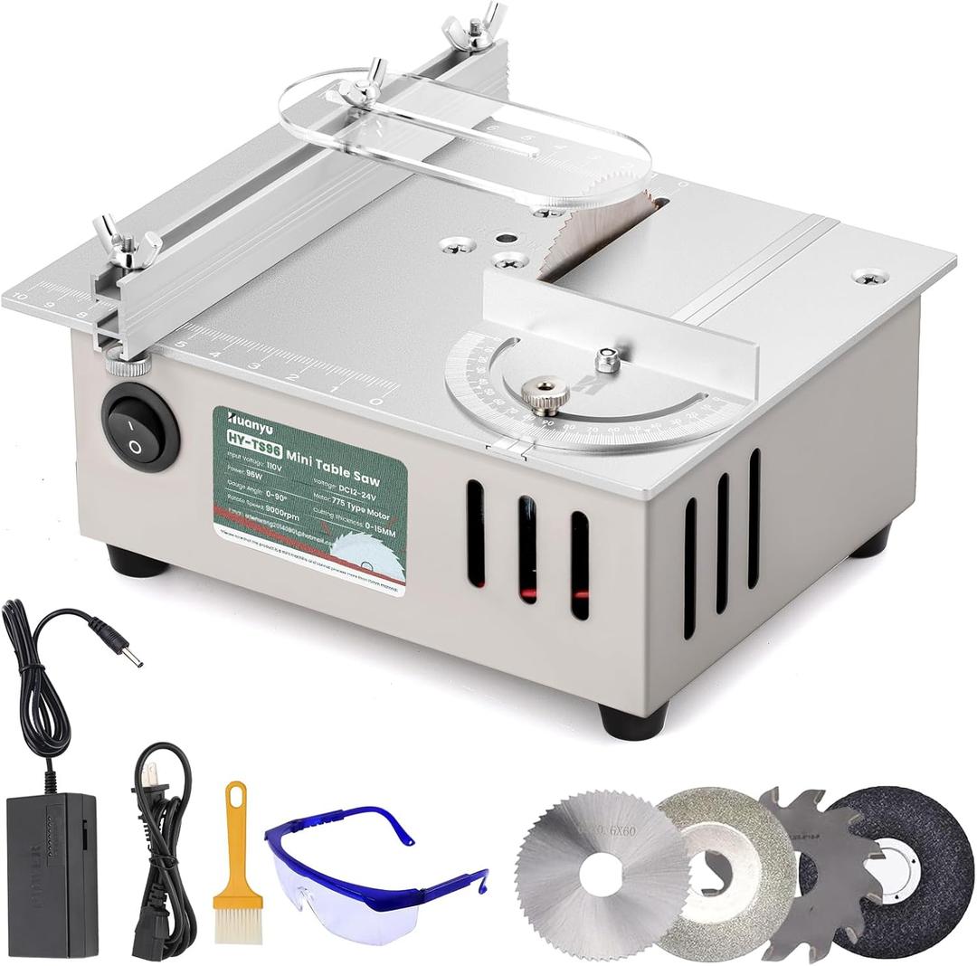 Huanyu Mini Table Saw 96W 9000RPM Hobby Electric Saw 7-Level Speed Adjustable 0-90 Angle 15MM Cutting Depth with Blade Model DIY Crafts Cutting Tool for Precision Cut Metal Wood Plastic Acrylic (Silver)